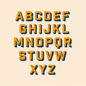 Può includere: Un set completo di lettere maiuscole dell'alfabeto inglese dalla A alla Z. Ogni lettera è resa in un carattere arancione, grassetto e a blocchi, con una distinta ombra blu scuro, creando un effetto tridimensionale su uno sfondo color crema.