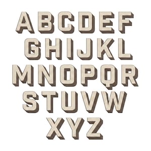 May include: A full alphabet, capital letters A to Z, in a retro design. The letters are a light beige with a textured pattern and a dark brown shadow, presented on a white background.