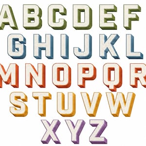 May include: A complete set of three-dimensional alphabet letters from A to Z. Each letter features a white textured front face with colored sides, arranged in rows. The colors transition from green, blue, orange, yellow, to purple.
