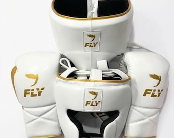 Leather Boxing Gear Set White Gold Gloves Headguard Groin Guard