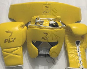 Conjunto de boxeo Fly Super Yellow Lace Up: guantes, casco y protector inguinal para entrenamiento.