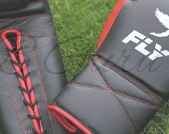 Fly Super Black Lace Up Boxing set Training Gear of Gloves, Headgear & Groin Protector