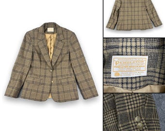 Blazer vintage Pendleton Glen Plaid de lana virgen para mujer, talla 12, color marrón y azul marino, fabricado en EE. UU.