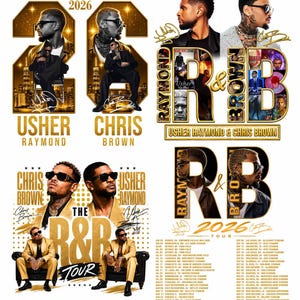 May include: A promotional poster for The R&B Tour 2026 featuring Usher Raymond and Chris Brown. The design includes portraits of both artists, gold-toned typography, concert tour dates, and signatures against a white background with gold accents.
