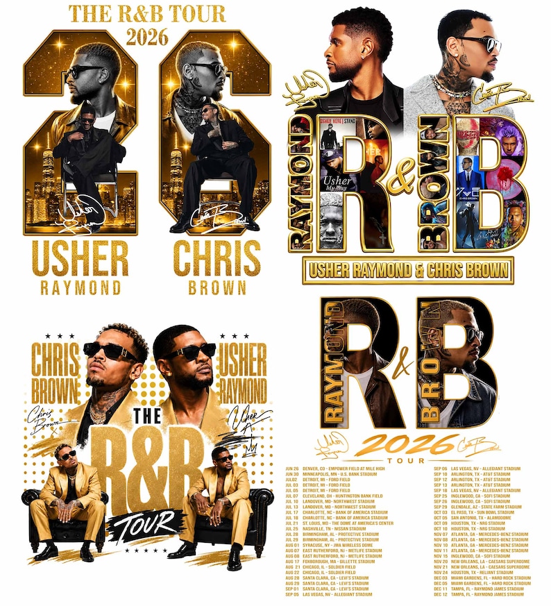 May include: A promotional poster for The R&B Tour 2026 featuring Usher Raymond and Chris Brown. The design includes portraits of both artists, gold-toned typography, concert tour dates, and signatures against a white background with gold accents.