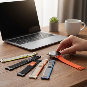 May include: A silver smartwatch with an orange band is displayed on a wooden surface, alongside several interchangeable watch bands in various colors, including black, gray, and blue. A laptop and a coffee cup are also visible.