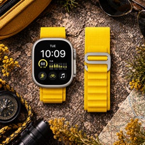 May include: A silver smartwatch with a yellow band displays the time 10:09 on a black screen. The watch is next to a matching yellow band with a silver clasp. The watch and band are on a textured, brown surface.