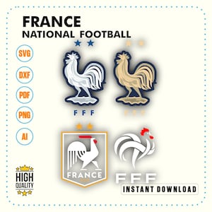 May include: A digital graphic set featuring the France national football team logos, including two roosters with two stars above, a shield emblem with a rooster and the word FRANCE, and a stylized rooster icon with the letters FFF and file formats.