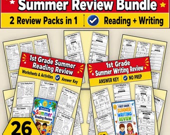 1st Grade Summer Reading and Writing Worksheets Bundle, Reading Review, Writing Review, Back to School, End of Year, Printable PDF, No Prep
