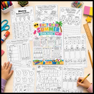 Puede incluir: Una colección de hojas de trabajo en blanco y negro para la revisión de verano de primer grado. Las hojas de trabajo cubren matemáticas, fonética, escritura, gramática y trabajo de palabras. Incluye un patrón de dinero, gráficos y un juego de mesa divertido.