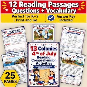 13 Colonies Reading Comprehension Passages, 4th of July Worksheets, Colonial America Activities, K 1 2 Social Studies PDF, Answer Key