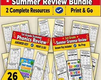 1st Grade Summer Grammar & Phonics Review Bundle, Printable Worksheets, End of Year Review, Back to School Activities, No Prep PDF