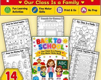Back to School Our Class Is a Family Fine Motor Activities Workbook, Printable Preschool Pre-K Kindergarten, Tracing Coloring Scissor Skills