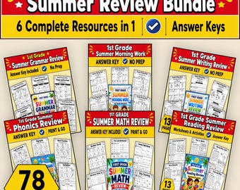 1st Grade Summer Review Bundle, Math Reading Phonics Grammar Writing Worksheets, Summer Packet, Morning Work, Back to School PDF Answer Key