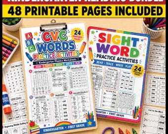 Kindergarten Reading Bundle Sight Words CVC Words Worksheets Phonics Activities Literacy Centers First Grade Homeschool Printable Pack