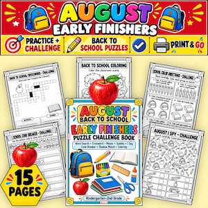 August Back to School Early Finishers K-2, Printable Puzzle Book, Word Search I Spy Sudoku Mazes Code Breaker Classroom Activities PDF