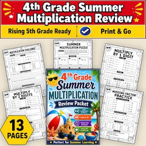 4th Grade Summer Multiplication Review Packet Printable Worksheets Math Practice Workbook Homeschool Activities Rising 5th Grade PDF