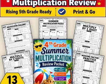 4th Grade Summer Multiplication Review Packet Printable Worksheets Math Practice Workbook Homeschool Activities Rising 5th Grade PDF