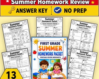 1st Grade Summer Homework Packet, Printable First Grade Worksheets PDF, Summer Review Activities, End of Year Review Back to School Practice