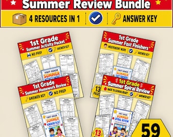 1st Grade Summer Worksheets Bundle, Summer Activities, Printable PDF, Summer Homework, Spiral Review, Fast Finishers, Homeschool Answer Key