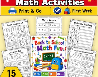 Back to School Math Activities Printable PDF | 1st Grade Math Worksheets | Counting, Addition, Subtraction, Number Sense | Homeschool