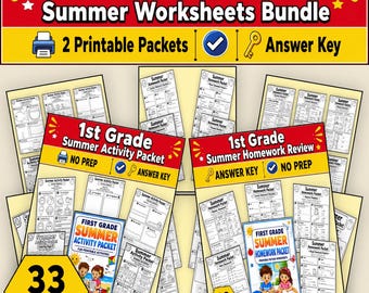 First Grade Summer Worksheets Bundle, Summer Activity Packet, Summer Homework Packet, End of Year Review, Back to School, Printable PDF