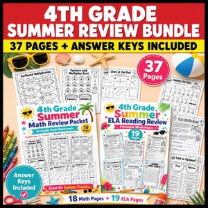 May include: A bundle of 4th-grade summer review worksheets. The bundle includes 37 pages with answer keys. The worksheets cover math and ELA topics, with a beach theme. Includes math, reading, and word search activities.
