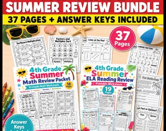 4th Grade Summer Review Bundle Math ELA Reading Worksheets Answer Keys End of Year Homeschool Summer School Printable Activities PDF