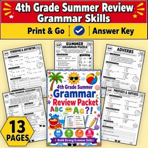 May include: A 4th Grade Summer Review Grammar Skills pack containing various worksheets with educational exercises, including synonyms, antonyms, adverbs, and prefixes. The cover features a sun, palm tree, beach ball, and an open book.