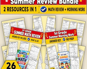 1st Grade Summer Worksheets Bundle, Math Review & Morning Work, Back to School, End of Year Review, No Prep Printable PDF, Homeschool