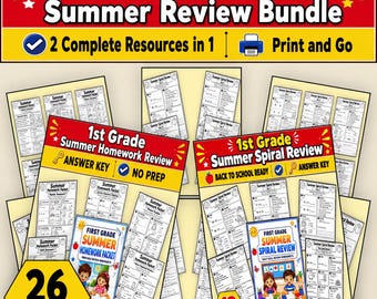 First Grade Summer Review Worksheets Bundle, Summer Homework Packet, Back to School Review Spiral Review Activities Printable PDF Answer Key