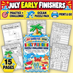 Puede incluir: Un libro de desafíos de rompecabezas July Early Finishers de 15 páginas, con actividades temáticas del océano como sopas de letras, crucigramas, laberintos, sudokus, juegos de observación, códigos, sombras y dibujos para colorear con delfines y cangrejos.