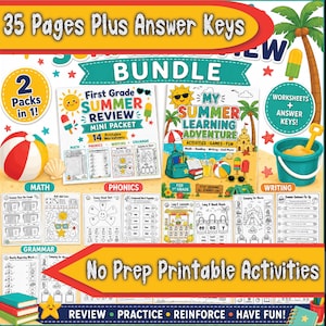 Könnte beinhalten: Ein farbenfrohes Bundle mit Sommer-Wiederholungsarbeitsblättern für die erste Klasse. Das Bild zeigt einen Strandball, einen Sandeimer und Palmen. Der Text enthält "35 Pages Plus Answer Keys", "Summer Review" und "No Prep Printable Activities".