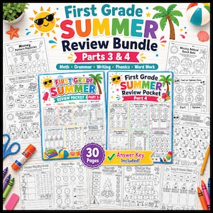 May include: A colorful educational bundle for first grade students. The "First Grade Summer Review Bundle" includes parts 3 & 4, with 30 pages of math, grammar, writing, phonics, and word work activities. Includes an answer key. The image features worksheets with summer-themed graphics.