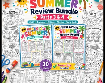 1st Grade Summer Review Worksheets Bundle Math Grammar Writing Phonics Addition Fractions Printable Packet With Answer Keys