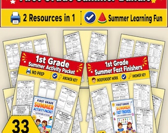 1st Grade Summer Worksheets Bundle, Summer Activity Packet, Fast Finishers, Morning Work, Homeschool, No Prep Printable PDF, End of Year