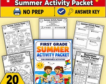First Grade Summer Activity Packet, Summer Worksheets, Printable PDF, No Prep Activities, Coloring Pages, Word Search, Homeschool Answer Key