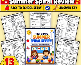 First Grade Summer Spiral Review Worksheets, Daily Skill Review, Printable PDF, Math Reading Phonics Grammar Writing, No Prep Answer Key