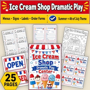 Ice Cream Shop Dramatic Play Center Preschool PreK, Summer 4th of July Pretend Play Printable, Menus Signs Labels Order Forms for PreK Kids