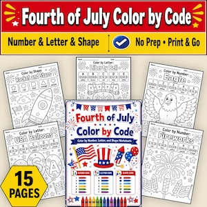 May include: A collection of fifteen Fourth of July color by code worksheets featuring number, letter, and shape activities. The pages include black and white line art of an eagle, fireworks, a rocket, stars, balloons, and a top hat with a flag.