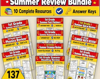 1st Grade Summer Worksheets Bundle, Summer Review Packet, Summer Homework, Morning Work, Spiral Review, Fast Finishers PDF Answer Key