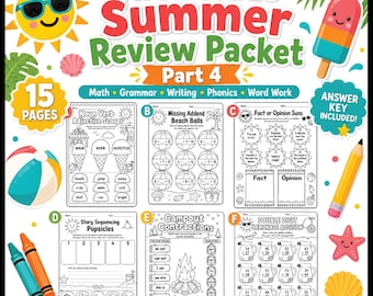 1st Grade Summer Review Worksheets Part 4 Math Grammar Writing Fractions Addition Subtraction Printable Packet With Answer Key