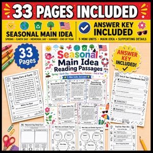 May include: A colorful educational resource titled "Seasonal Main Idea Reading Passages" with 33 pages, including an answer key. The pages cover topics like Earth Day and Memorial Day, with supporting details.
