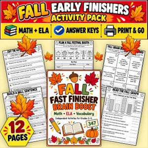 Op de afbeelding: Een Fall Early Finishers activiteitenpakket met 12 pagina's aan werkbladen voor wiskunde, Engels en woordenschat voor groep 4-6. De set bevat printbare bladen met antwoordsleutels, versierd met herfstbladeren, eikels en pompoenillustraties.
