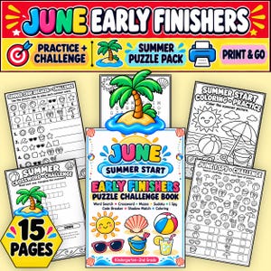 June Summer Early Finishers K-2, Beach Puzzle Book, Word Search Sudoku I Spy Mazes Code Breaker Printable Activities PDF
