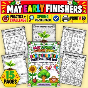 Puede incluir: Un conjunto de libros de acertijos May Early Finishers con 15 páginas de actividades temáticas de primavera. La portada muestra ilustraciones coloridas de un girasol, un árbol, una mariposa, una mariquita y una cesta de picnic con el texto May Flowers.