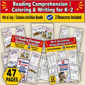 May include: A bundle of educational worksheets for K-2 students titled Reading Comprehension, Coloring & Writing for K-2. The set includes 12 reading passages with questions and vocabulary, plus 4th of July coloring and writing activities, totaling 47 pages.