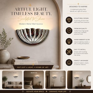 Op de afbeelding: Een moderne metalen wandlamp met een gepolijste, zilveren afwerking. De lamp heeft een sculpturaal, schelpachtig ontwerp en is gemonteerd op een lichtgekleurde muur. Tekst op de afbeelding luidt "Artful Light. Timeless Beauty."