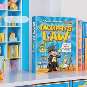 May include: A hardcover book titled "Murphy's Law" with a cartoon illustration on the cover. The cover is blue with yellow and white text. The illustration depicts a man in a top hat holding a lightbulb. Other books are visible on a shelf.