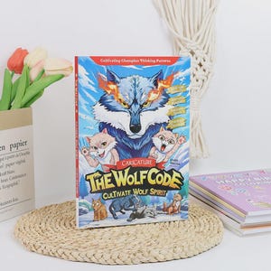 May include: A colorful book titled "The Wolf Code" with a cartoon wolf illustration on the cover. The cover features a blue wolf with flames, two cartoon foxes, and the text "Cultivate Wolf Spirit". The book is on a woven mat.